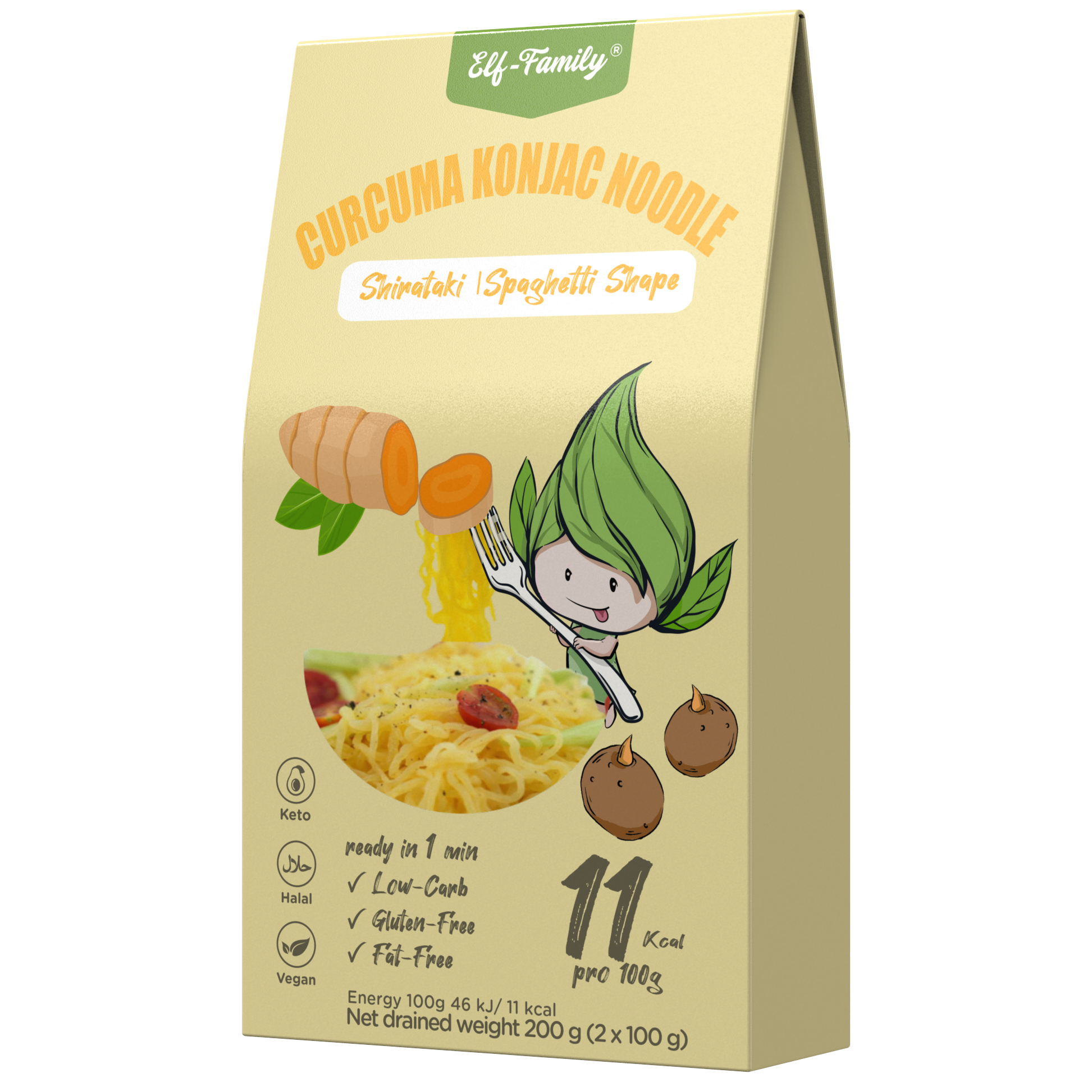 Elf-Family Shirataki Nudeln mit Kurkuma | Superfood - 11kcal | 97% weniger Kalorien | Low Carb/Keto/Instant Konjak Nudeln/Vegan/Glutenfrei (270g x6er Box(12 pack))