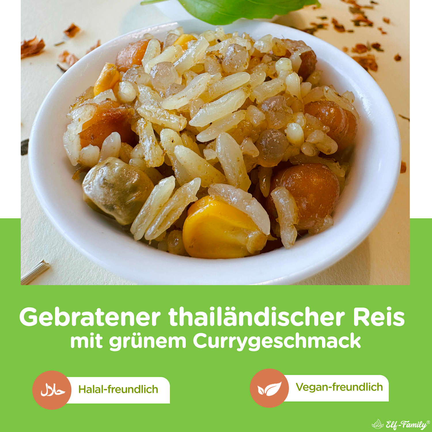 Elf-Family Diät Thai Gebratener Reis - Würziges grünes Curry aus Thailand - Fertiggerichte für Mikrowelle in 1 Min - 100% Natürlich Thai- Proteinreich/Kalorienarme/Vegane/Vorgekocht- 6er Box