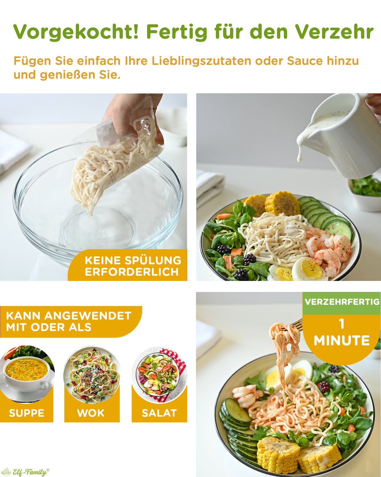 Elf-Family Diet Food Premium Konjak Nudeln aus Thailandia Vegan Glutenfrei-240g x6er Box (confezione da 12), Shirataki Nudeln Instant Nudeln Pasta/Keto/Low Carb/Kalorienarme/Zuckerfrei -Spaghetti & Fettuccine