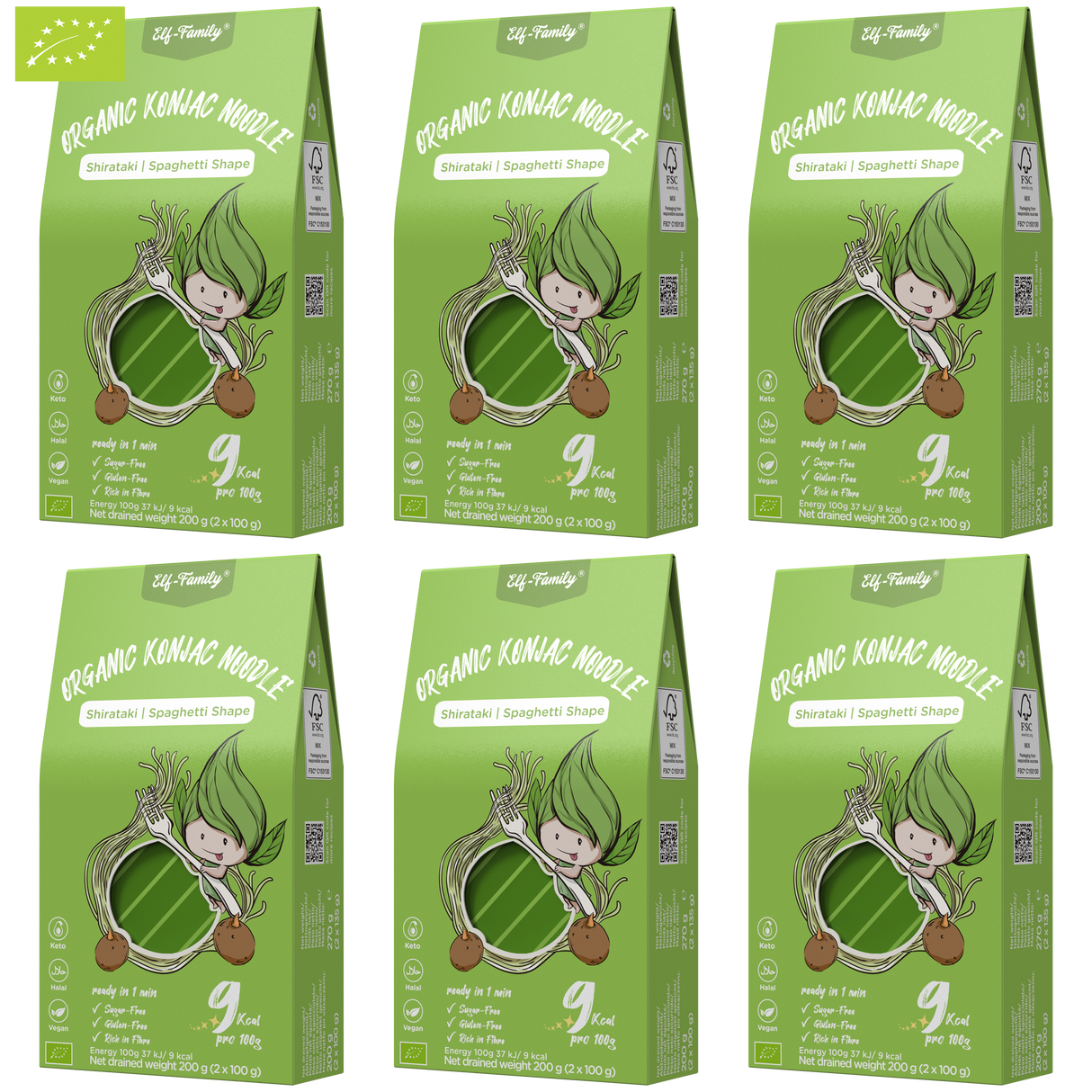 Elf-Family 270g x6er Box(12 Pack) Bio Vegan Diät Box Spaghetti Konjaknudeln | Ultra Low Carb 9 kal pro 100g | Vegan, Keto, Halal, Glutenfrei MHD: 12/11/2026