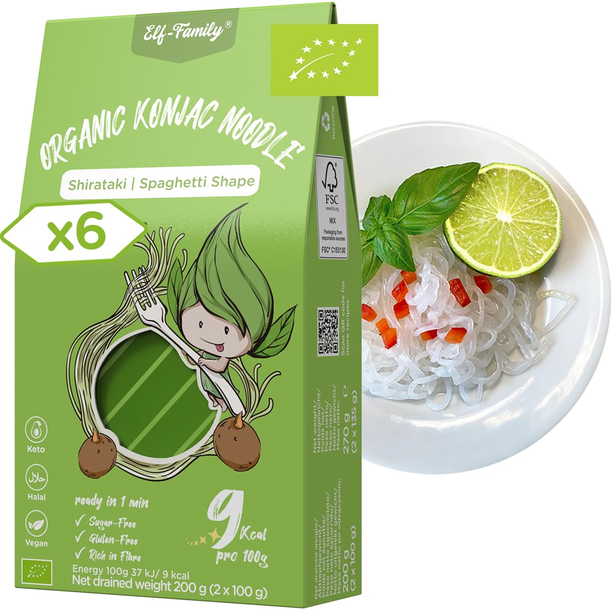 Elf-Family 270g x6er Box(12 Pack) Bio Vegan Diät Box Spaghetti Konjaknudeln | Ultra Low Carb 9 kal pro 100g | Vegan, Keto, Halal, Glutenfrei MHD: 12/11/2026