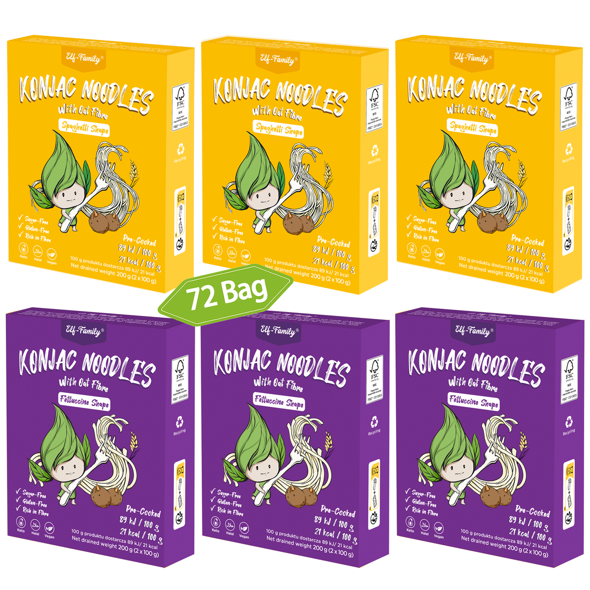 Elf-Family 240g x72er Box(144 pack) Mix Diät Box Spaghetti und Fettucine von Konjak aus Thailand | Vegan, Keto, Halal, Glutenfrei MHD: 02/11/2026
