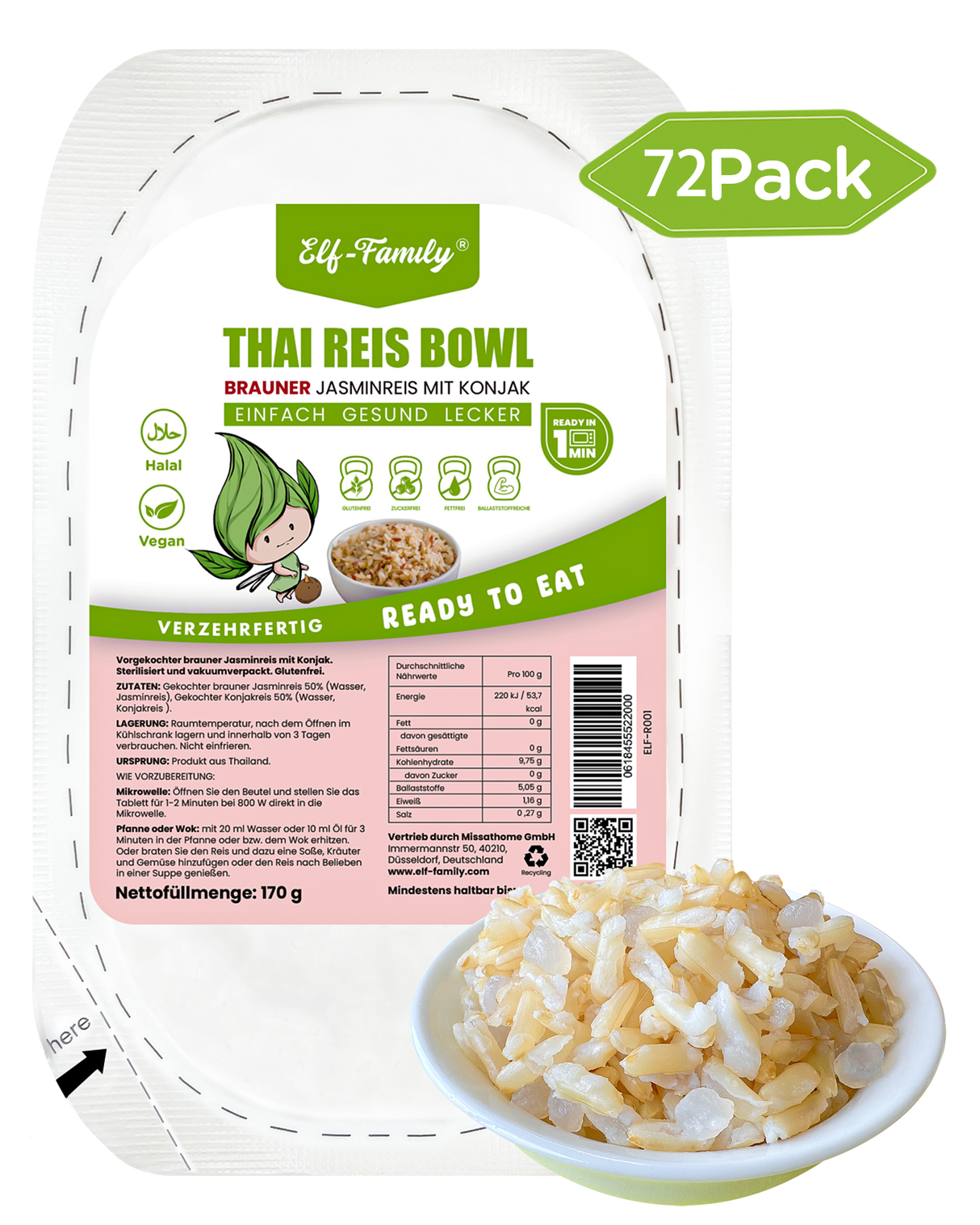 Elf-Family 170g  X 72er Pack Low Carb Diät Box | Brauner Jasminreis Konjak Reis Poke Bowl - für Vegan Diät, Ketogene Ernährung MHD: 07/11/2026