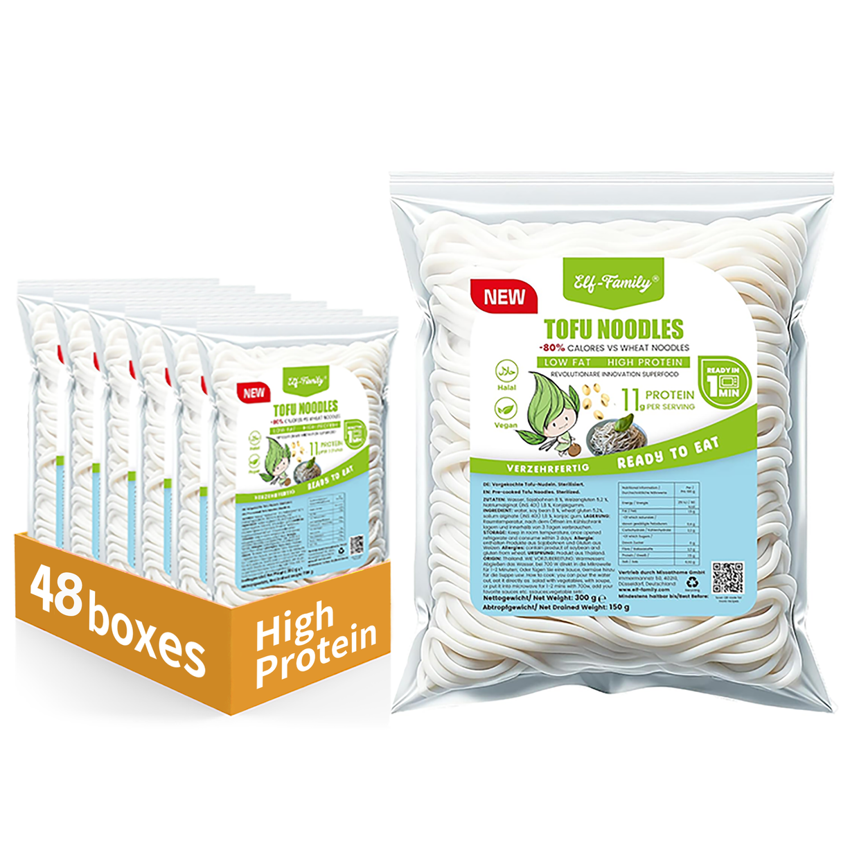Elf-Family 300g X 48er Pack Tofu-Nudeln - Instant Low Carb & hoher Proteingehalt Diätbox, 48er pack MHD: 08/11/2026 Veganes Fitness-Food: Innovativ & Hochproteinig