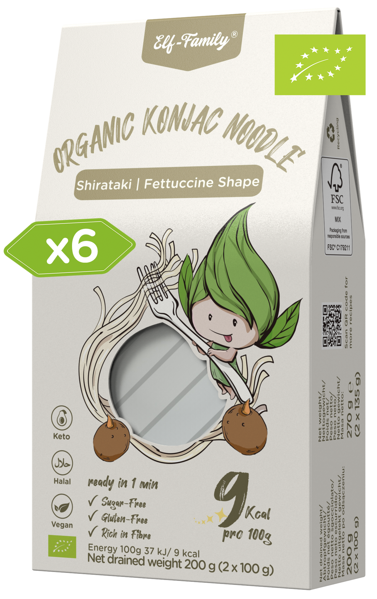 Elf-Family 270g x60er Box(120 Pack) Low Carb Diät Box Bio Pasta Fettucine Konjak Nudeln | nur 9 kcal pro 100g | Vegan, Keto, Halal, Glutenfrei MHD: 12/11/2026