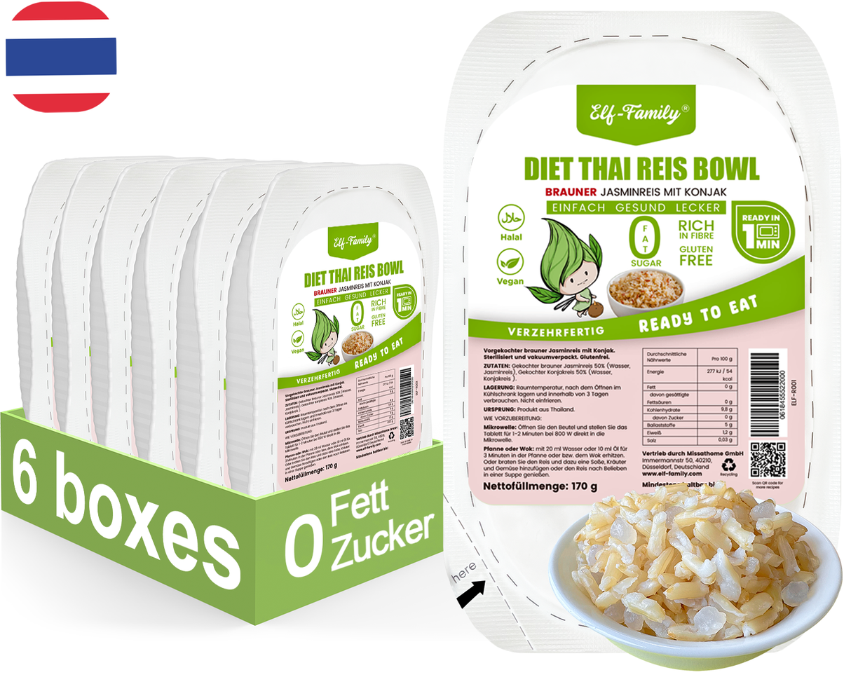 Elf-Family 170g x 6er Pack Low Carb Diät Box für 1 Woche  | Brauner Jasminreis Konjak Reis Poke Bowl - für Vegan Diät, Ketogene Ernährung  MHD: 07/11/2026