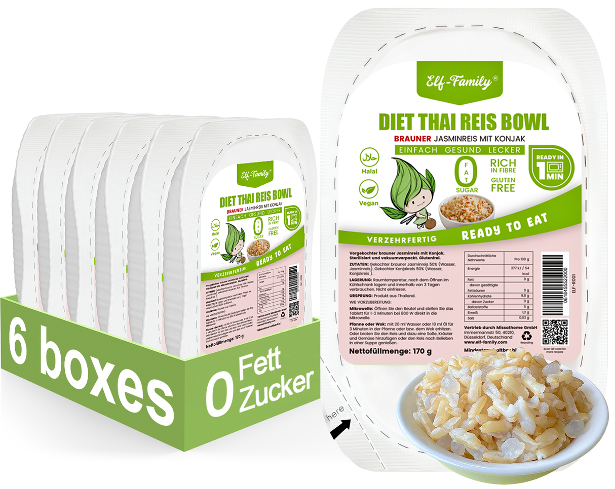 Elf-Family 170g x 6er Pack Low Carb Diät Box für 1 Woche  | Brauner Jasminreis Konjak Reis Poke Bowl - für Vegan Diät, Ketogene Ernährung  MHD: 07/11/2026