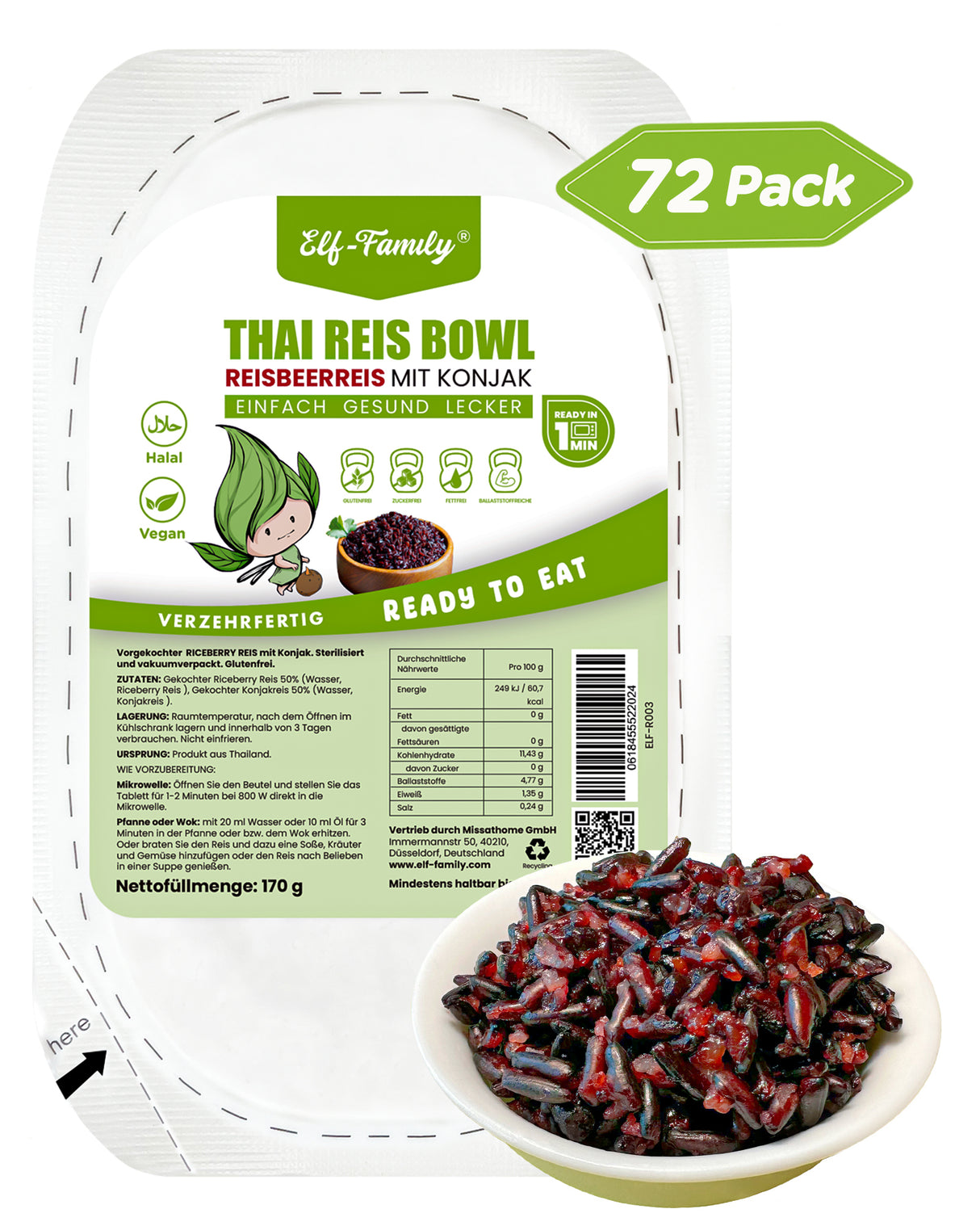 Elf-Family 170 grams x72er Pack  Low Carb Diät Box für 1 Woche | Reisbeerreis Konjakreis Bowl - Instant Büromittagessen - ballaststoffreiche Ernährung MHD: 07/11/2026