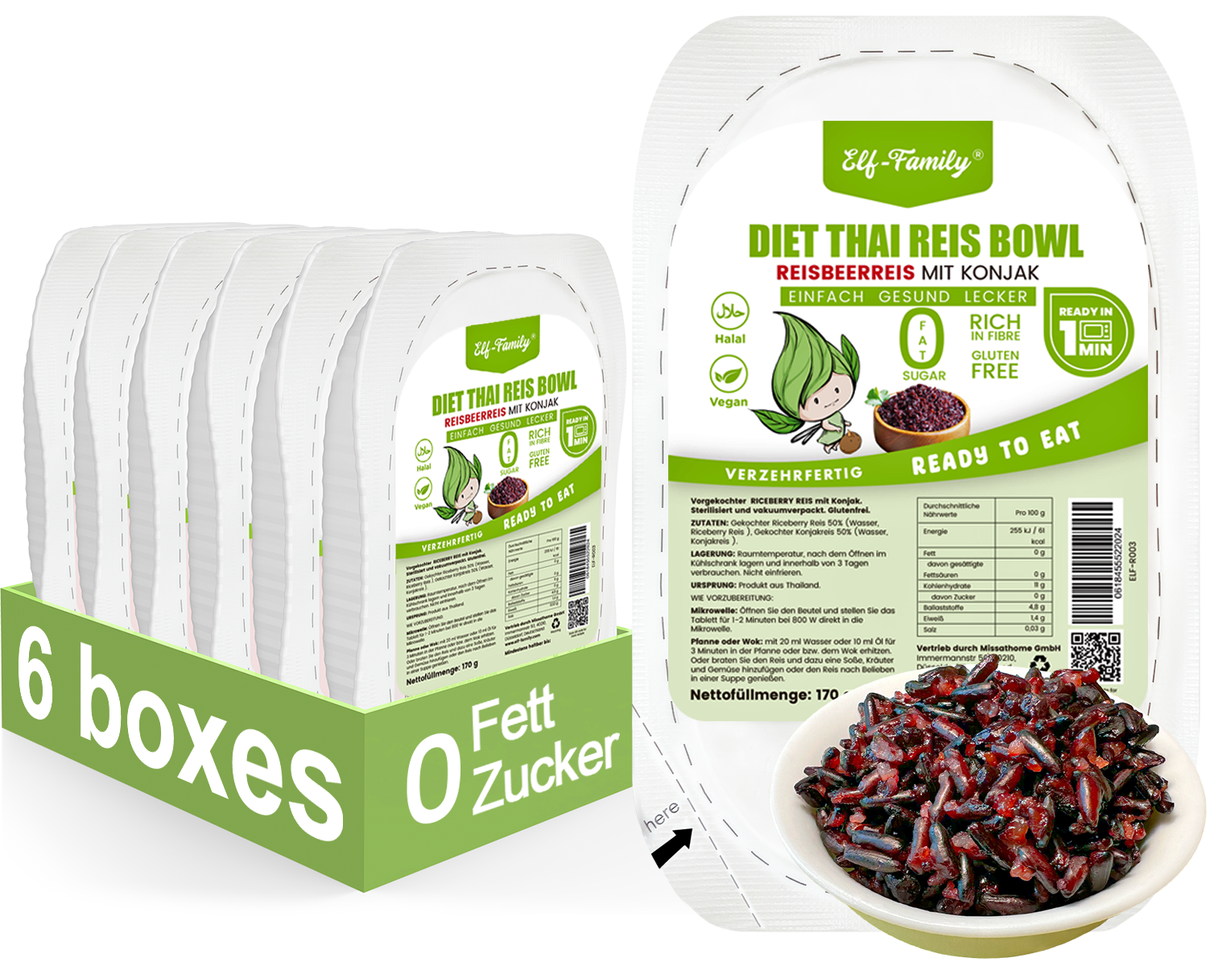 Elf-Family 170g x  6er Pack Low Carb Diät Box für 1 Woche | Reisbeerreis Konjakreis Bowl - Instant Büromittagessen - ballaststoffreiche Ernährung MHD: 07/11/2026