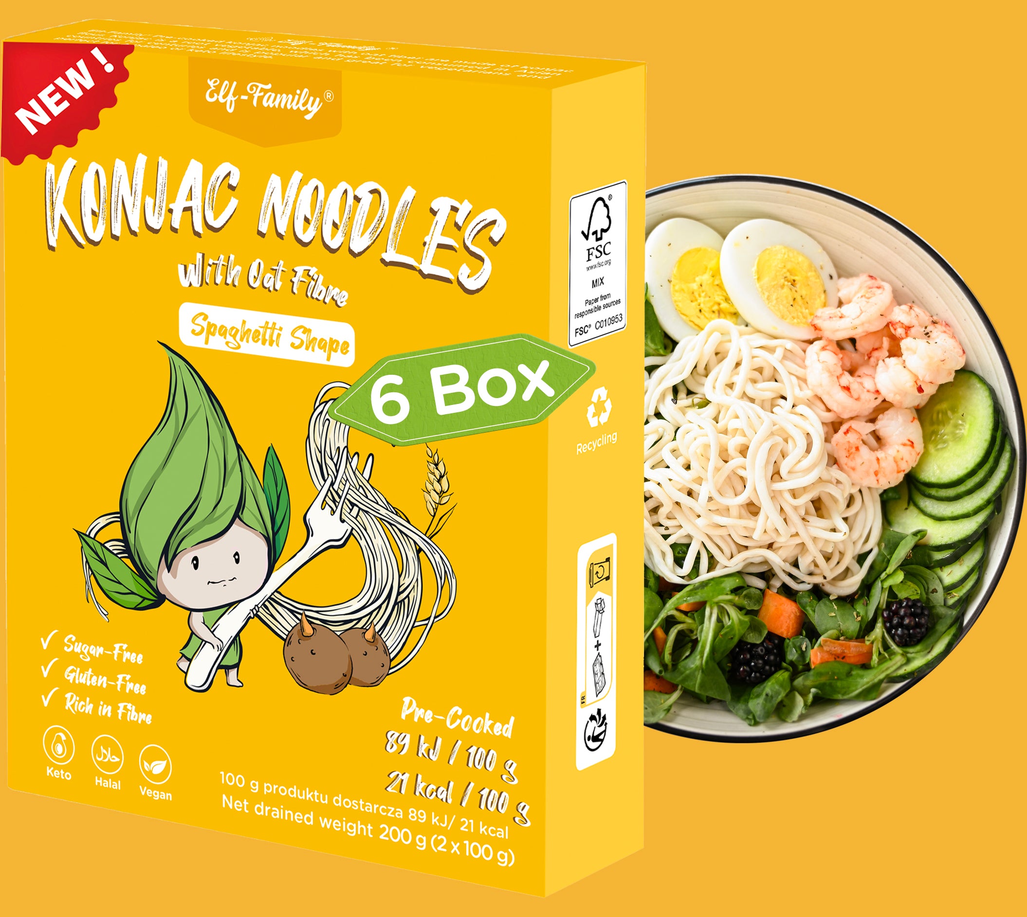 Elf-Family Diät Box Spaghetti Shirataki Nudeln Set von Konjak aus Thailand | Vegan, Keto, Halal, Low Carb Rezepte-240g x6er Box(12 pack)