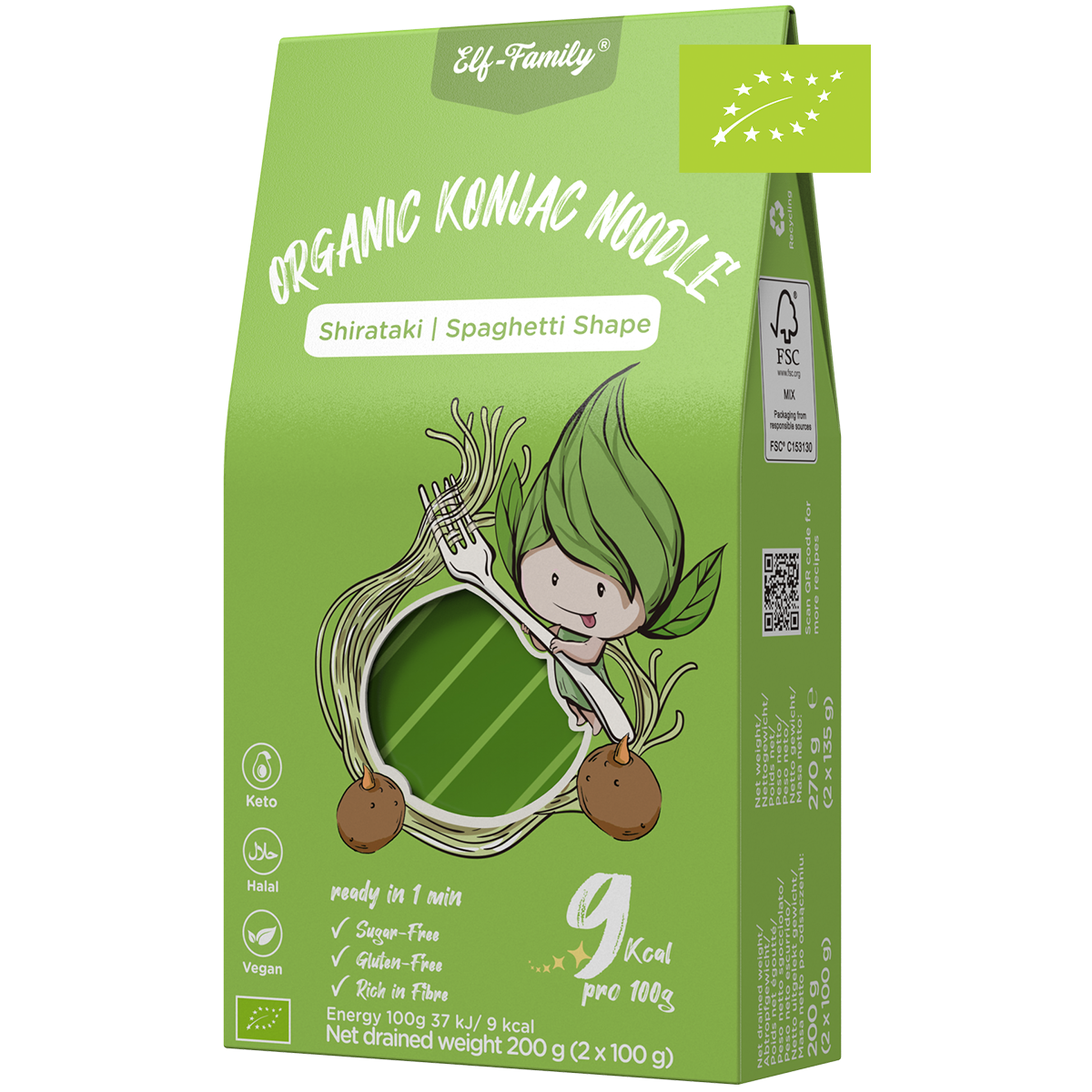 Elf-Family 270g x6er Box(12 Pack) Bio Vegan Diät Box Spaghetti Konjaknudeln | Ultra Low Carb 9 kal pro 100g | Vegan, Keto, Halal, Glutenfrei MHD: 12/11/2026