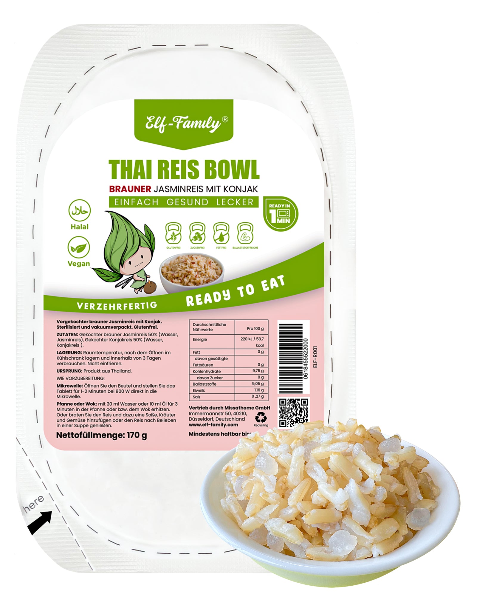 Elf-Family Instant Brown Jasmine Rice Konjac Rice Bowl from Thailand - Ready meals for microwave in 1 minute - Natural superfoods micronutrients - Vegan Shirataki - Low calorie/fat free - Box of 1 
