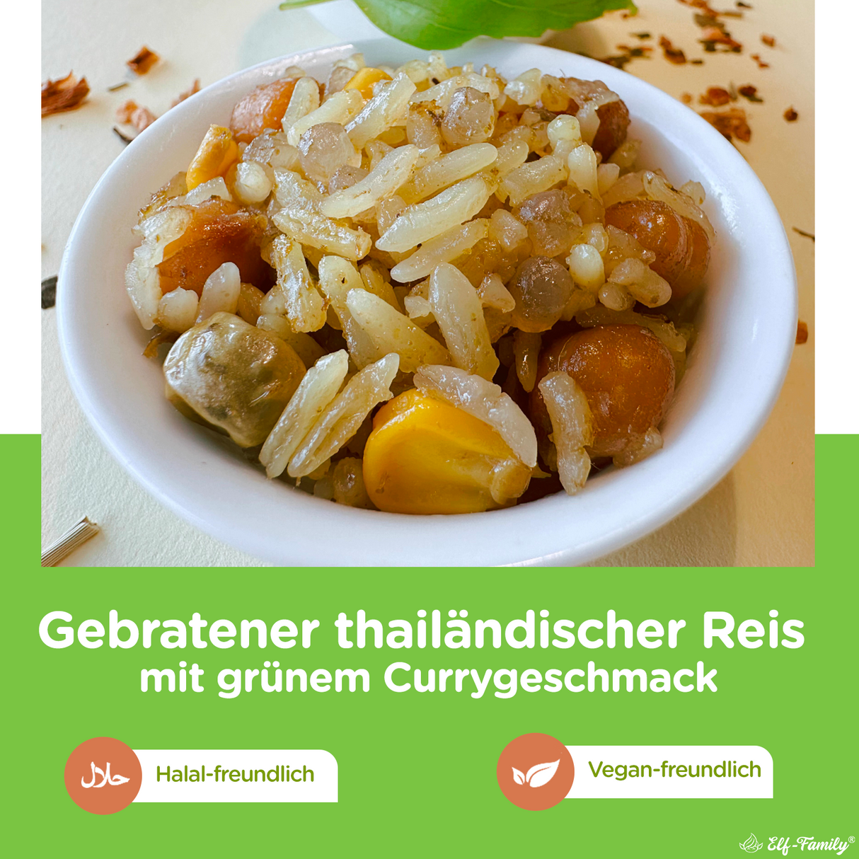 Elf-Family Reis Poke Bowl  - Thai Curry Gebratener Reis aus Jasminreis, Konjakreis und Gemüse | Pikant