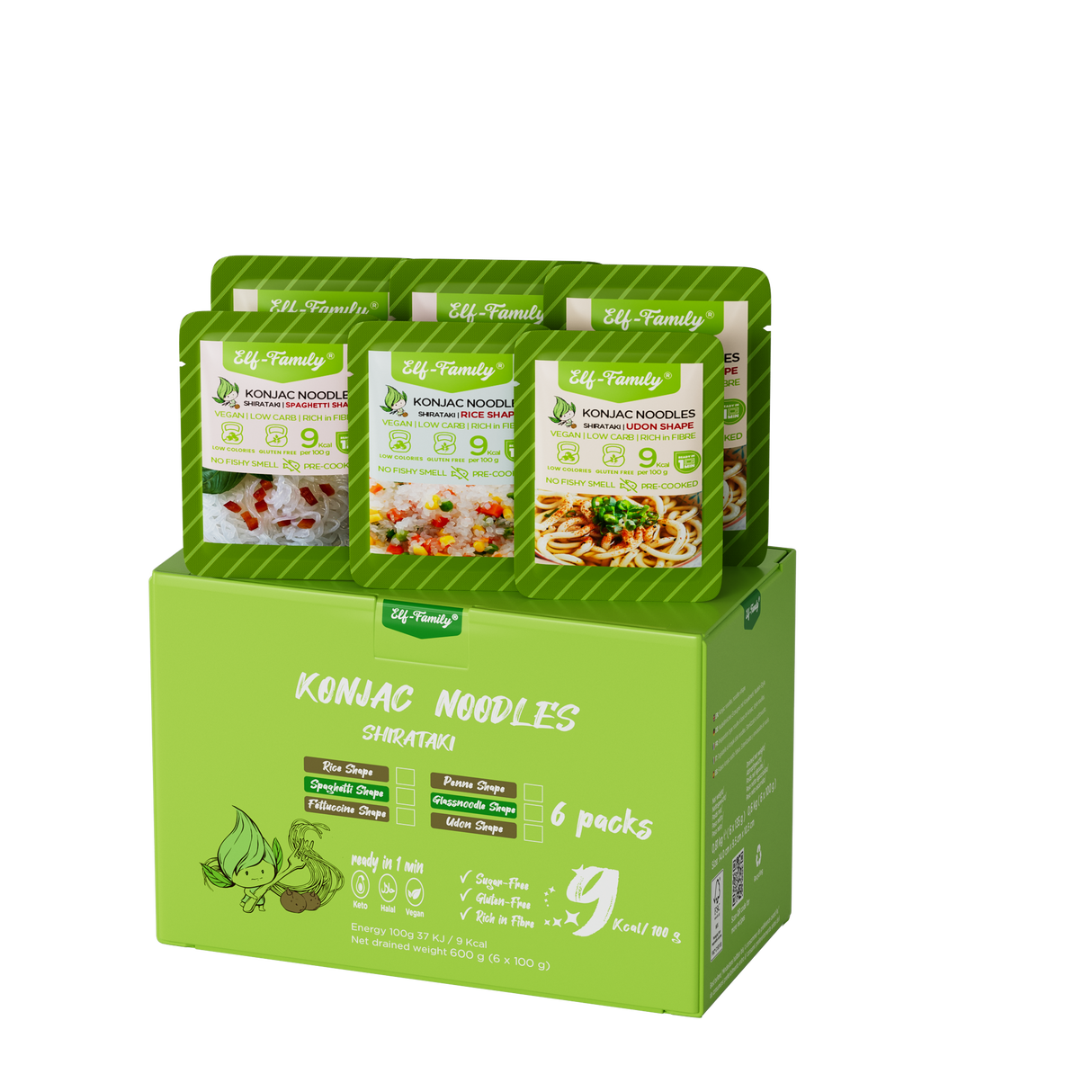 Elf-Family Premium 3+3 Sorten Probierpaket Konjak Nudeln 9kcal Low Carb/Vegan/Instant Shirataki Nudeln/Keto/Kalorienarme/Glutenfrei/Zuckerfrei 