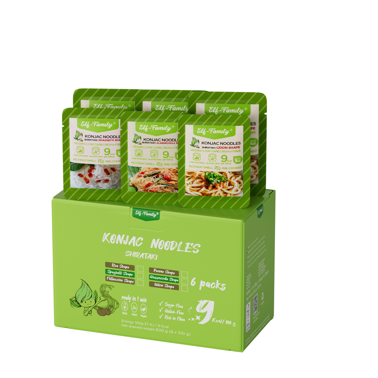 Elf-Family Premium 3+3 Sorten Probierpaket Konjak Nudeln 9kcal Low Carb/Keto/Instant Nudeln Shirataki/Kalorienarme/Vegan/Glutenfrei/Zuckerfrei 