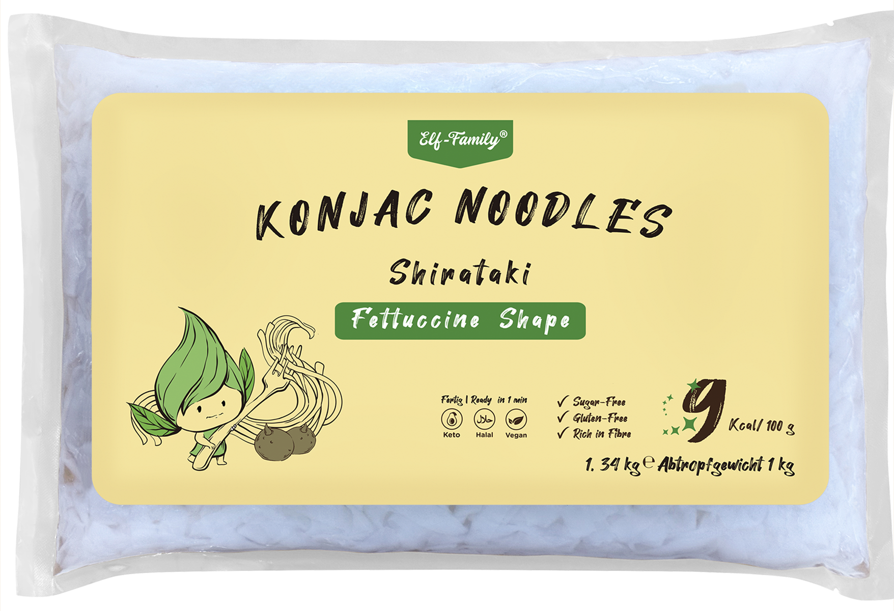 Elf-Family XXXL Gastro Pack 1.34kg Shirataki Noodles for Restaurants - Only 9kcal, Low Carb, Instant, Family Pack Konjac Noodles, Keto, Low Calorie, Vegan, Gluten Free -Fettuccine 