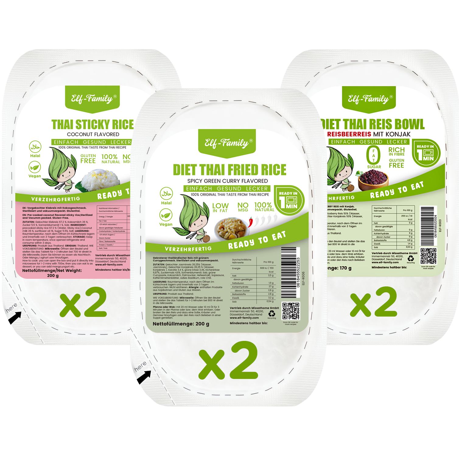 Elf-Family 3+3 diet box Thai Konjac rice jasmine rice + dessert - ready meals for microwave in 1 minute - high in protein/low in calories/vegan/pre-cooked 