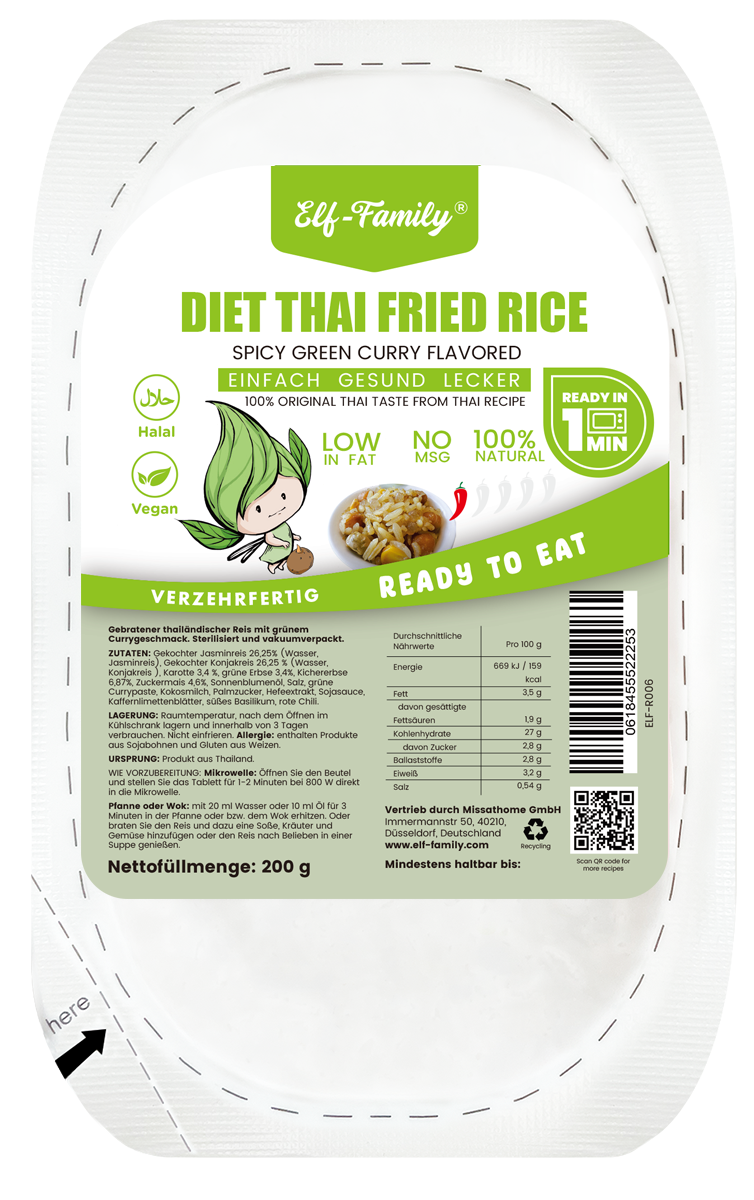 Elf-Family Diät Thai Gebratener Reis - Würziges grünes Curry aus Thailandia - Fertiggerichte für Mikrowelle in 1 Min - 100% Natürlich Thai- Proteinreich/Kalorienarme/Vegane/Vorgekocht- 6er Box 