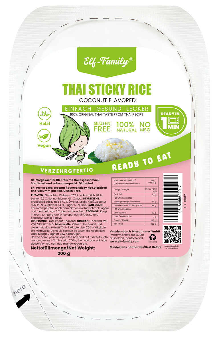 Elf-Family Instant Thai Sticky Rice Dessert - Coconut Flavor from Thailand - Ready Meals for Microwave in 1 Min - 100% Natural Thai - [Diet Box for 1 Month, 36 Portions] 