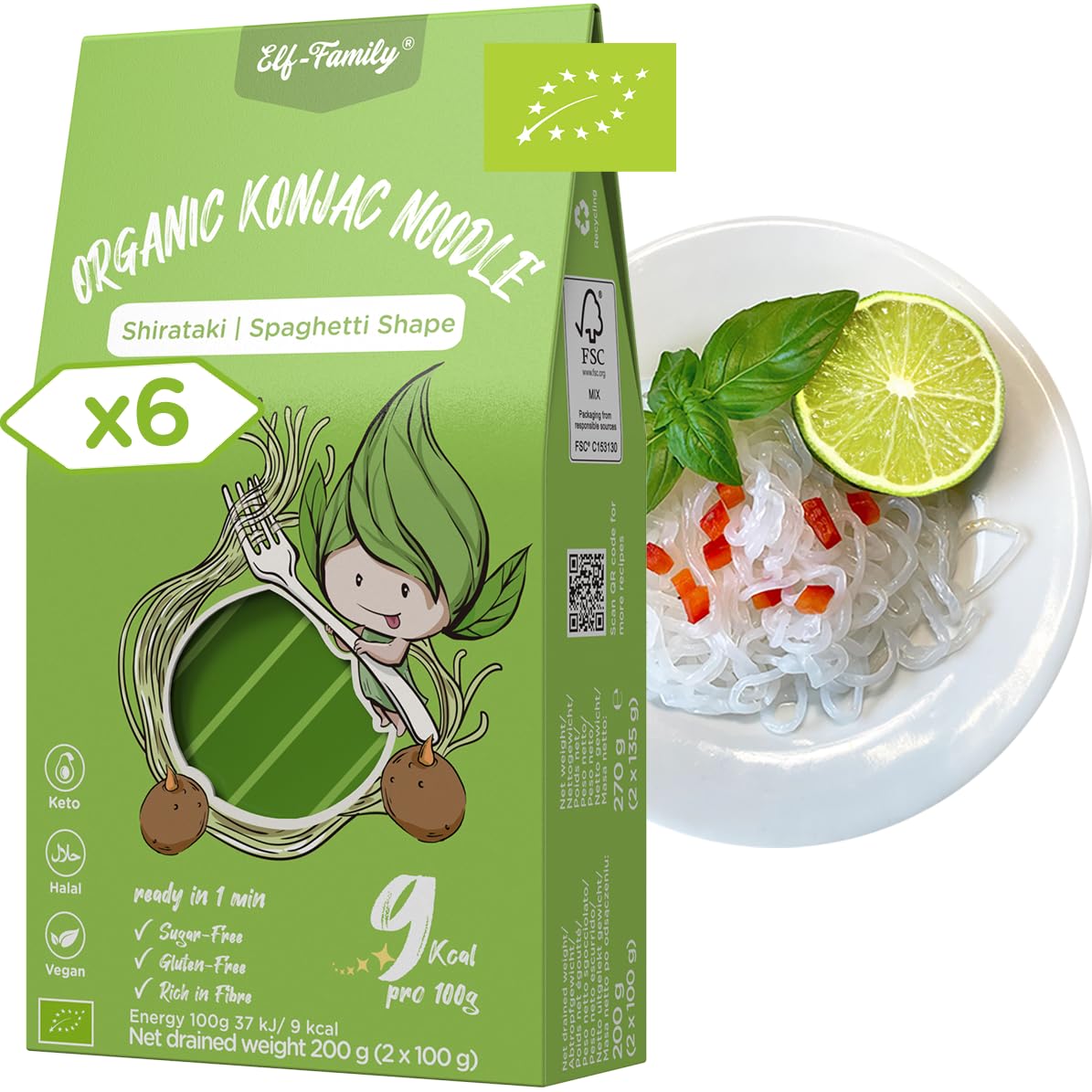 Elf-Family Bio Vegan Diät Box Spaghetti Konjaknudeln | Ultra Low Carb 9 kal pro 100g | Vegan, Keto, Halal, Glutenfrei