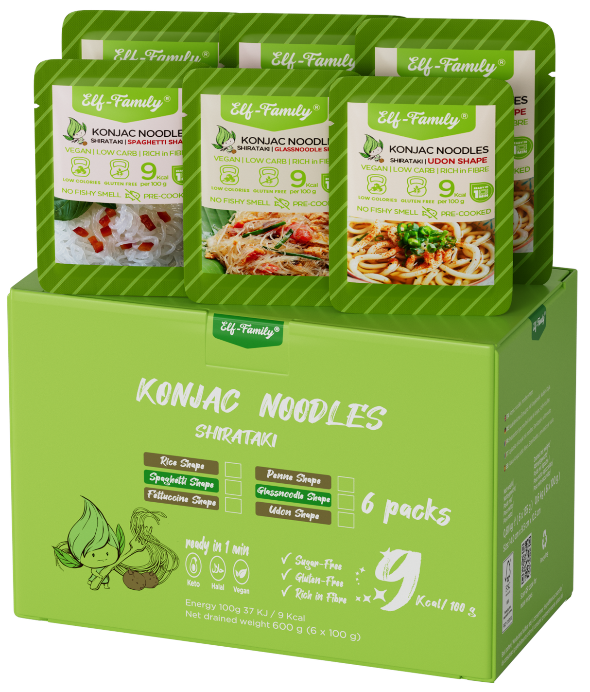 Elf-Family sample pack 6*100g | Konjac in the form of spaghetti, glass noodles and udon | Low carb snacks