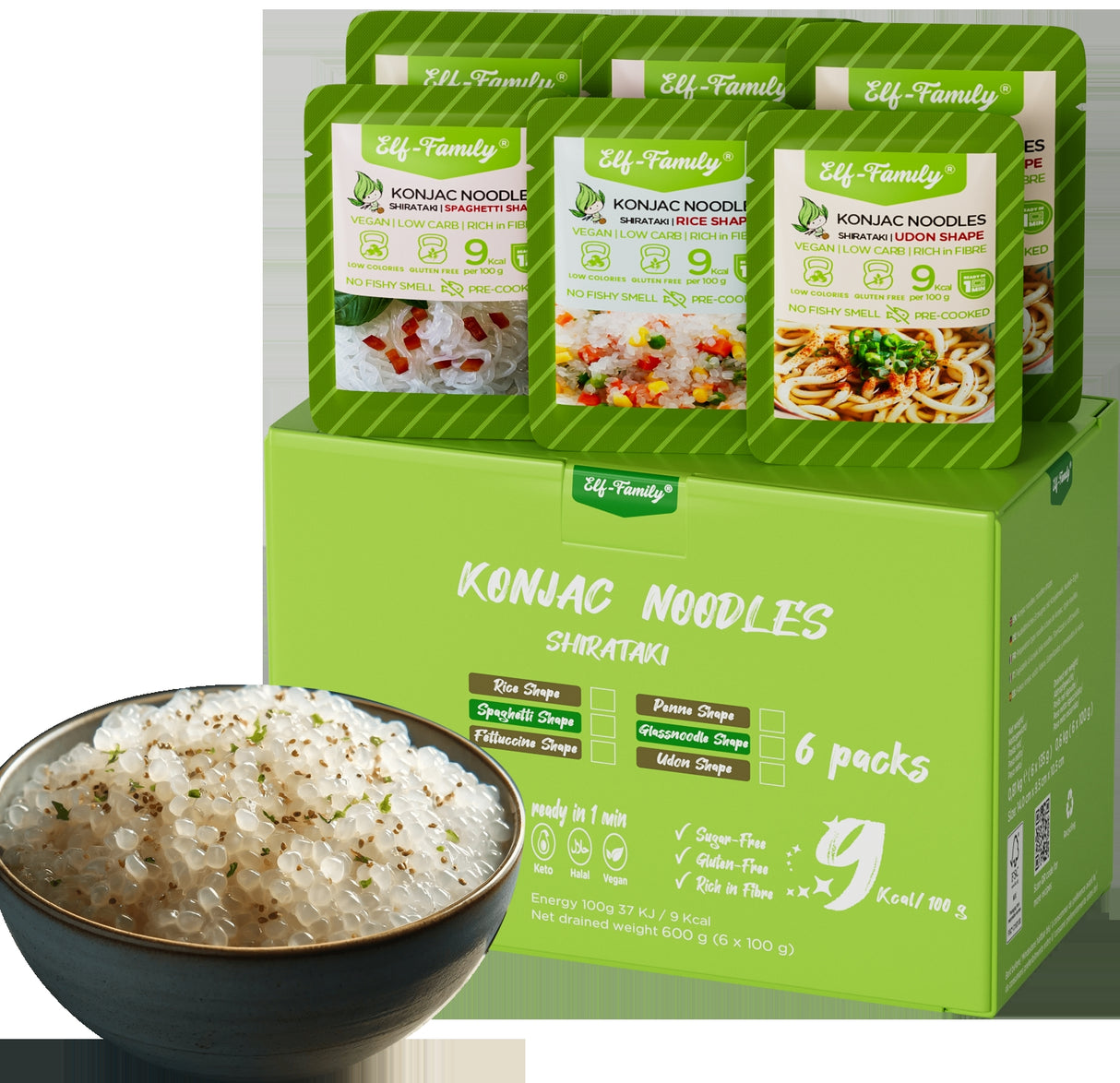 Elf-Family Premium 3+3 Sorten Probierpaket Konjak Nudeln 9kcal Low Carb/Vegan/Instant Shirataki Nudeln/Keto/Kalorienarme/Glutenfrei/Zuckerfrei 