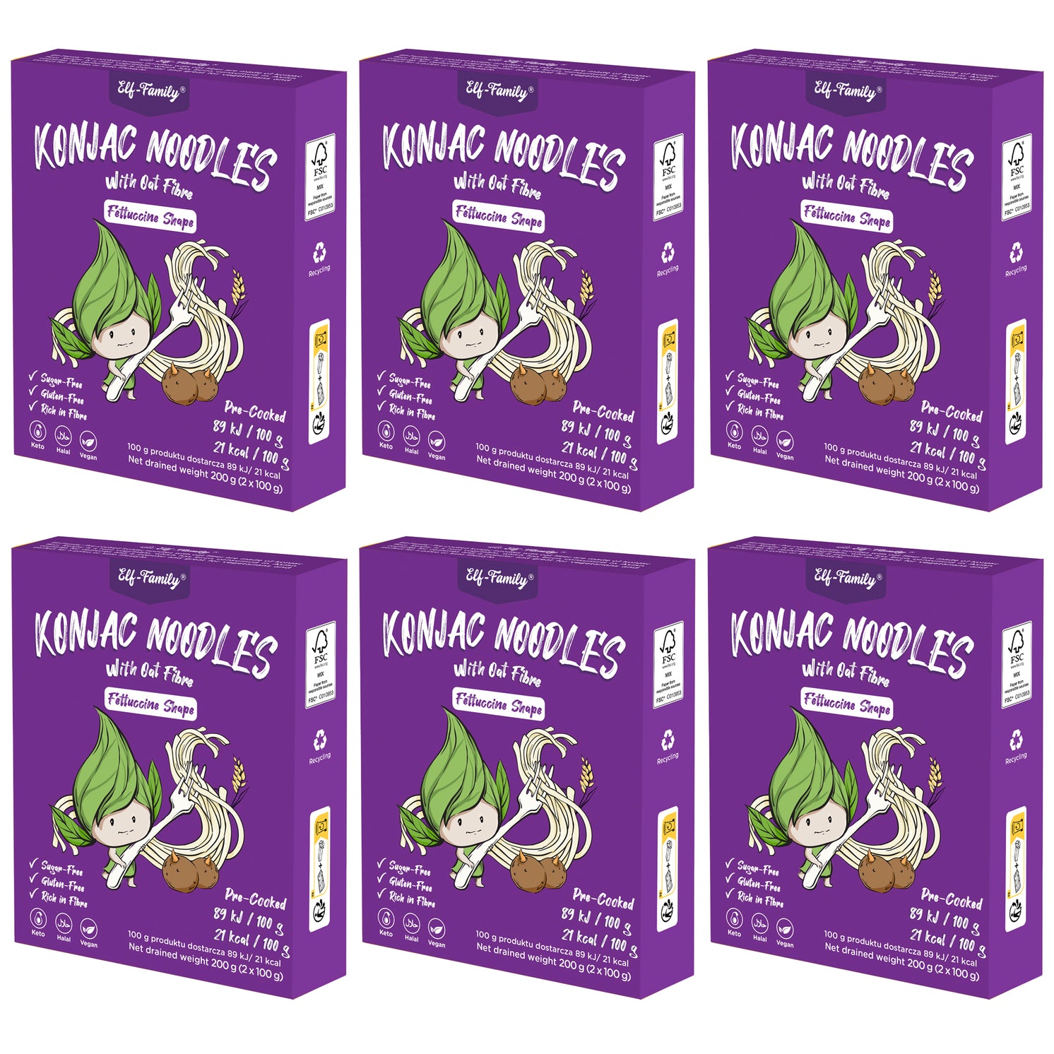 Elf-Family Fettucine Diät Box von Glutenfrei Konjakmehl aus Thailand für Vegan, Halal, Ketogene Ernährung -240g x6er Box(12 pack)