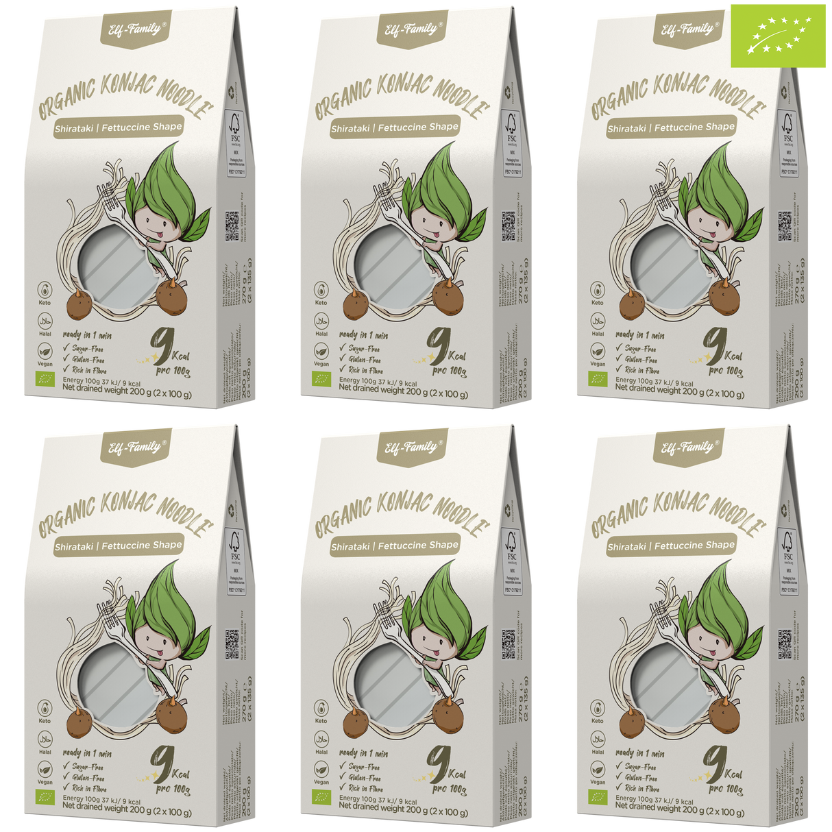 Elf-Family 270g x6er Box(12 Pack) Low Carb Diät Box Bio Pasta Fettucine Konjak Nudeln | nur 9 kcal pro 100g | Vegan, Keto, Halal, Glutenfrei MHD: 12/11/2026