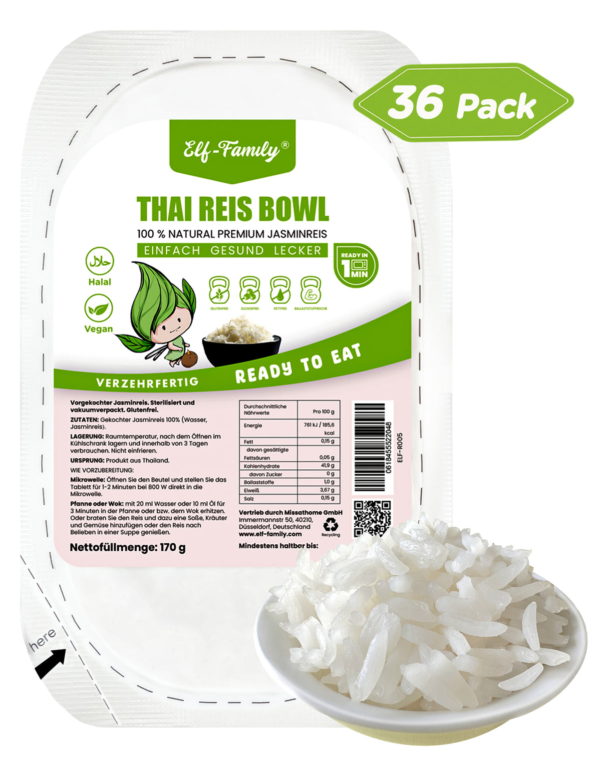 Elf-Family Instant Premium Jasmin Reis Bowl dalla Thailandia - Fertiggerichte für Mikrowelle in 1 Min - Superfoods [Diät-Box] - Vegane Lebensmittel Reis - Kalorienarme/Fettfrei- 6er Box 