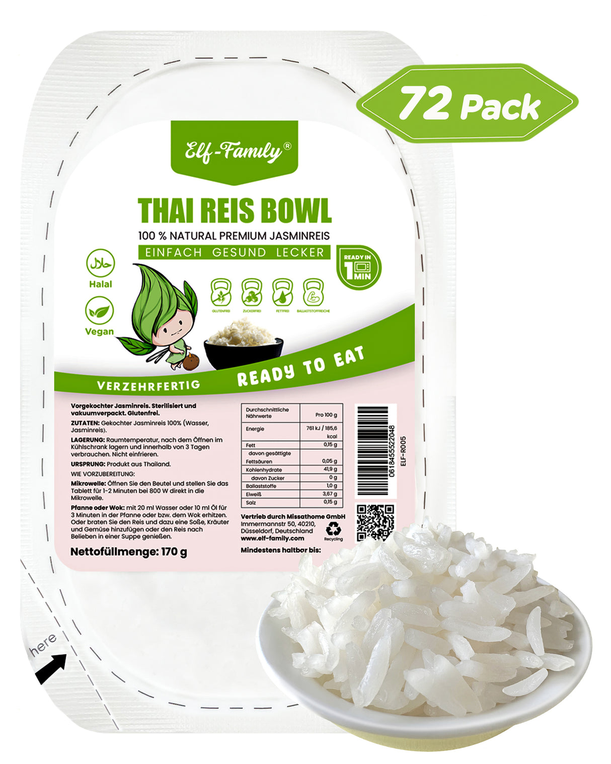 Elf-Family Instant Premium Jasmin Reis Bowl dalla Thailandia - Fertiggerichte für Mikrowelle in 1 Min - Superfoods [Diät-Box] - Vegane Lebensmittel Reis - Kalorienarme/Fettfrei- 6er Box 