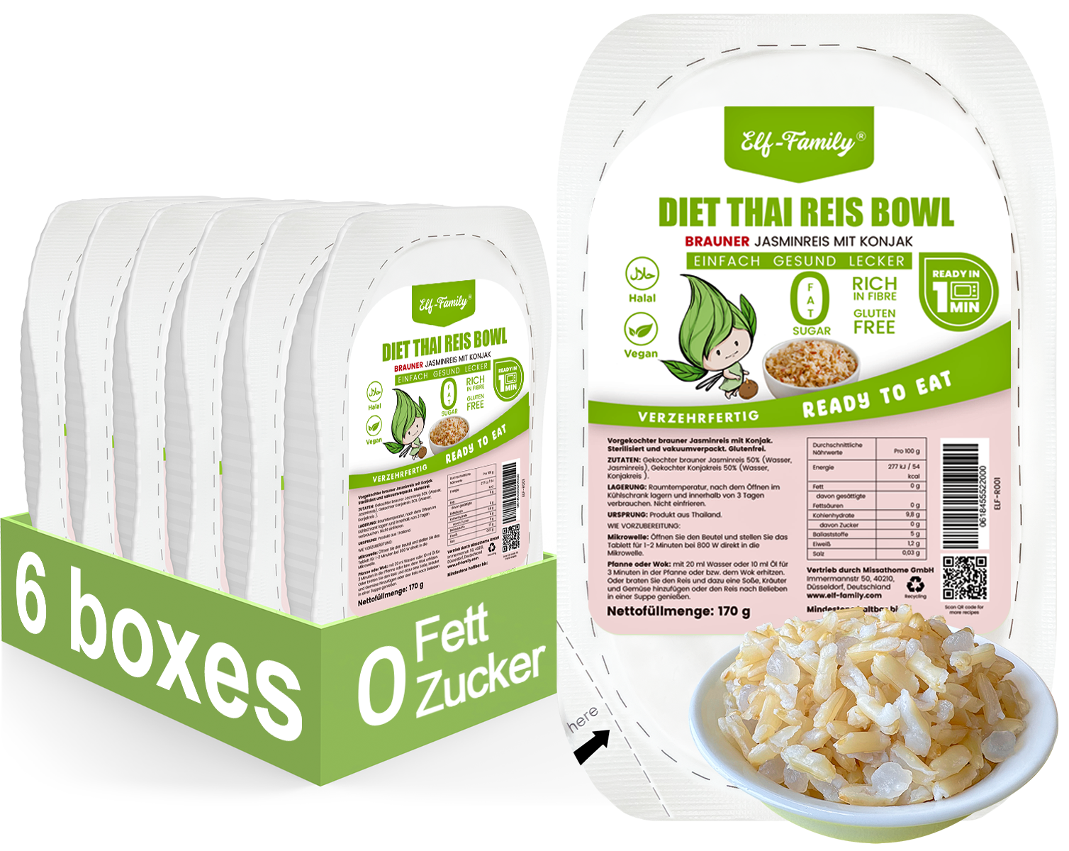 Elf-Family Konjak Rice Thai Brown Shirataki Bowl - [Diet Box for 1 Week] - Instant Jasmine Rice - Ready Meals for Microwave - Natural Superfoods Micronutrients - Vegan/Low Carb/Fat Free - Box of 6 