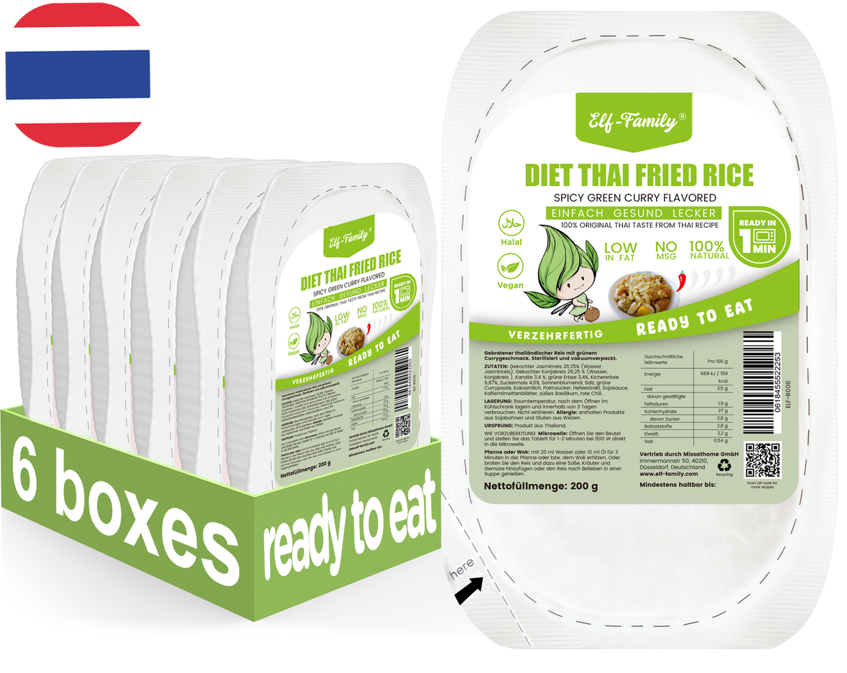 Elf-Family Diät Thai Gebratener Reis - Würziges grünes Curry aus Thailandia - Fertiggerichte für Mikrowelle in 1 Min - 100% Natürlich Thai- Proteinreich/Kalorienarme/Vegane/Vorgekocht- 6er Box 